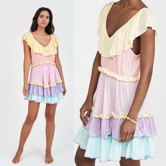 Pitusa Rainbow Ruffle Mini Dress S Petite Tiered Flowy Colorful Flutter Sleeves - Picture 1 of 12
